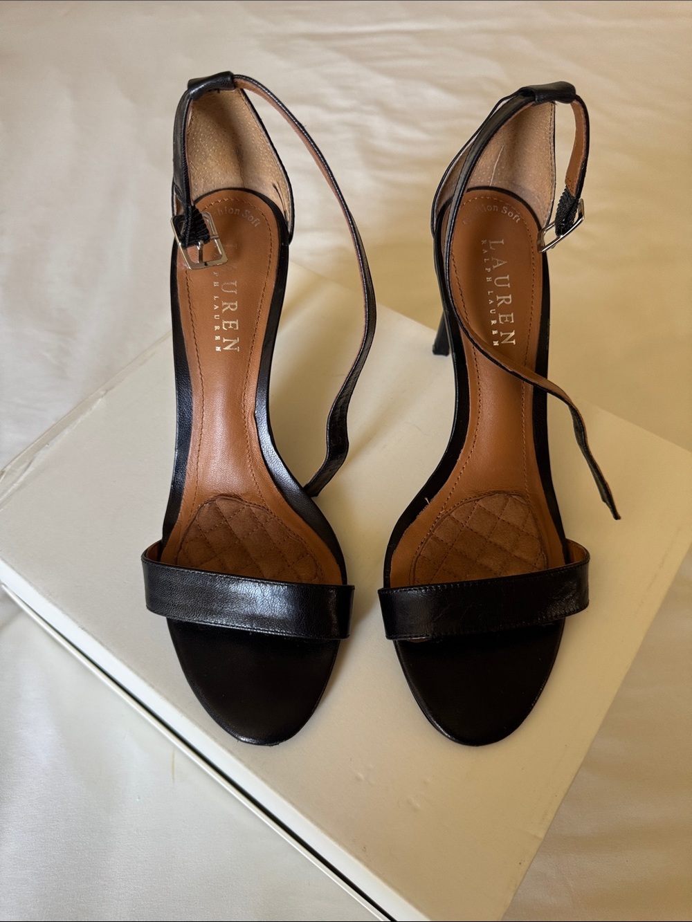Ralph Lauren Black Leather Ankle-Strap Stiletto Sandals - Picture 7 of 9